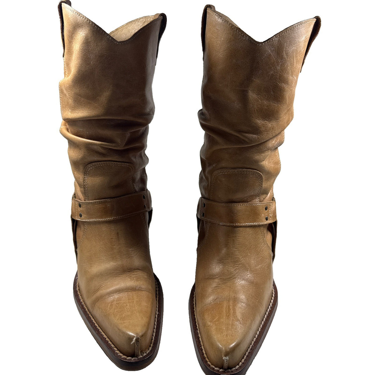 DESTROY Women Vintage Western Slouch Boots Tan Leather S- 41 Spain Pre Owned