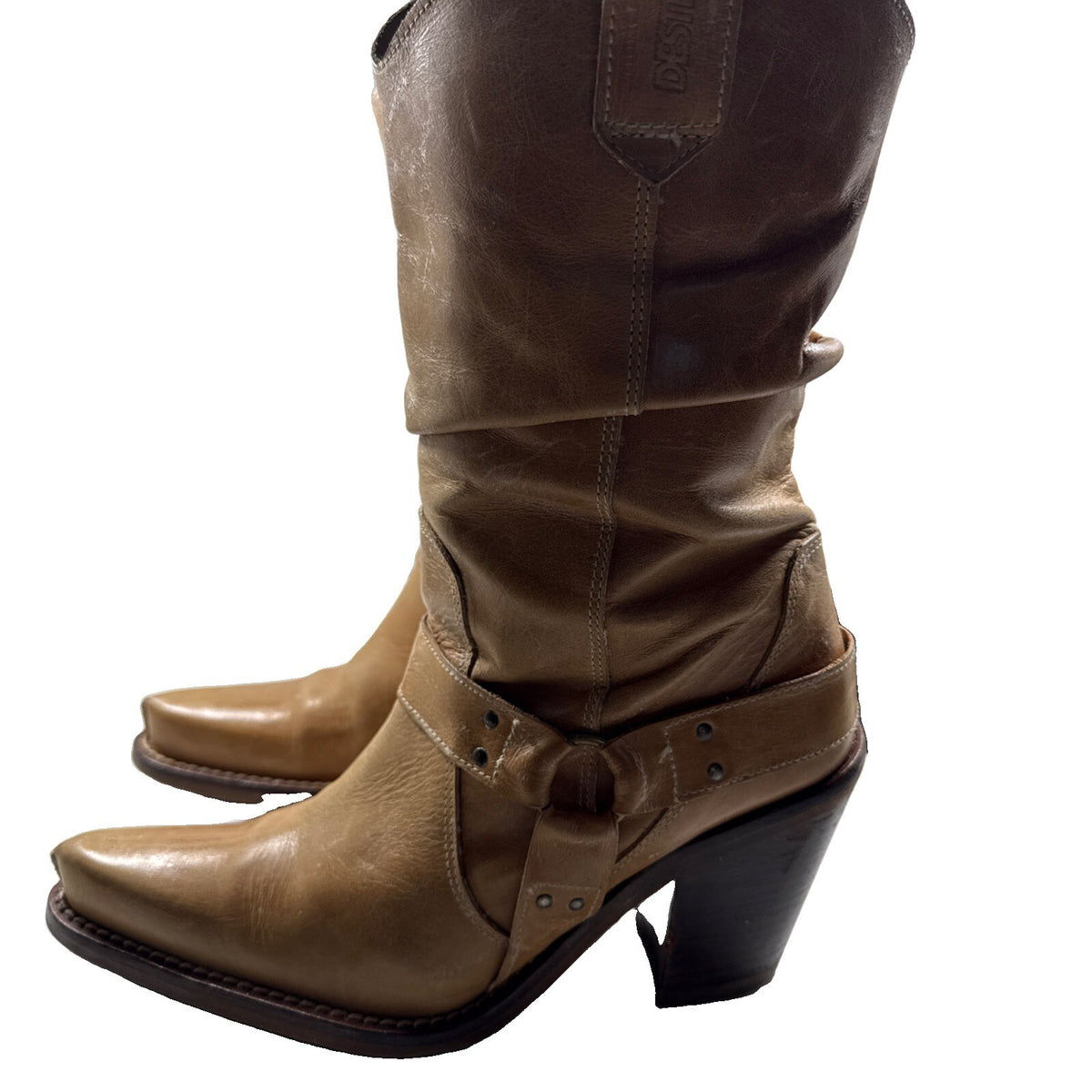 DESTROY Women Vintage Western Slouch Boots Tan Leather S- 41 Spain Pre Owned