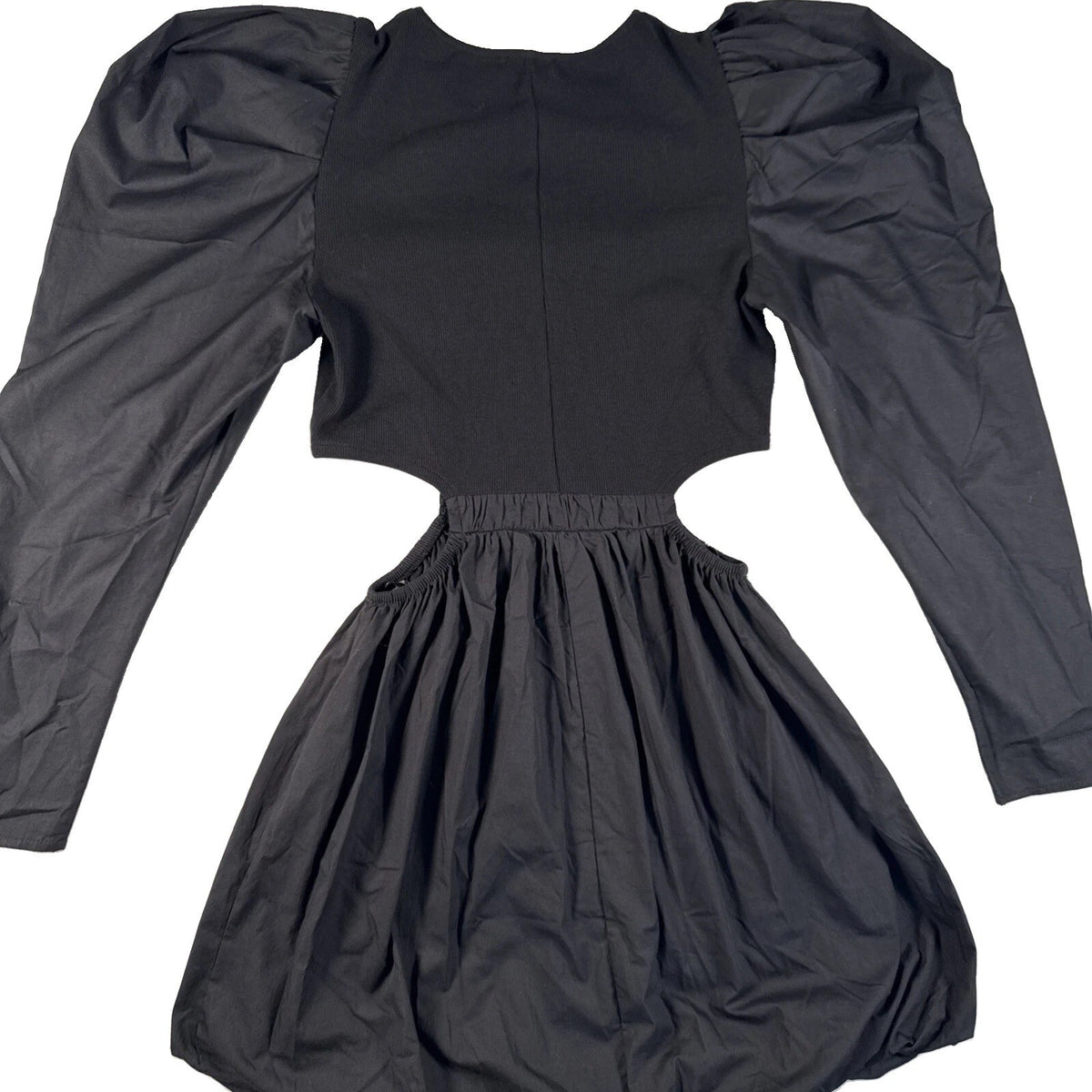 Zara Black Mini Dress Bubble Hem Puff Balloon Sleeves, Cut Out Sides Size Large