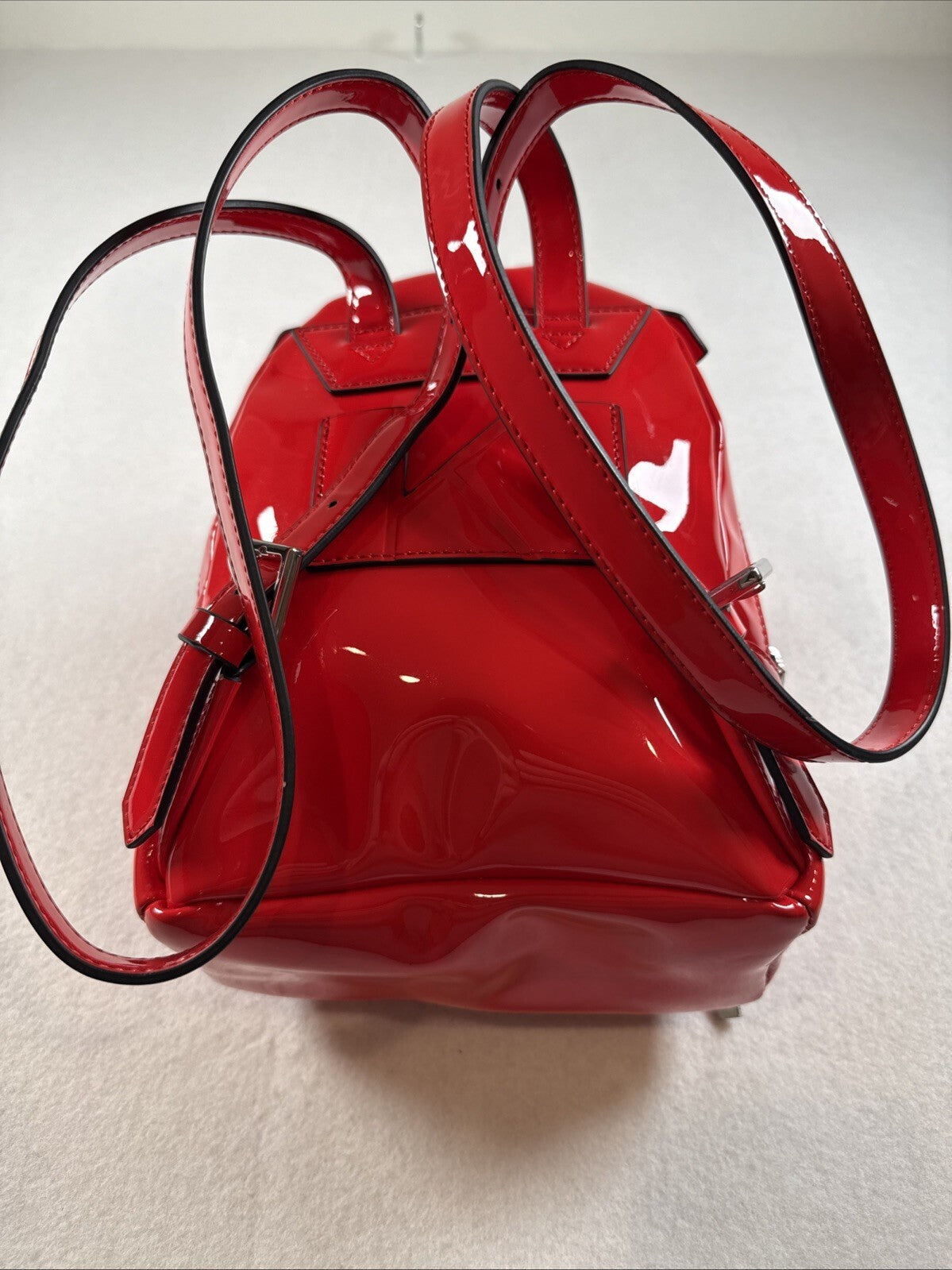 KENDALL + KYLIE Red Glossy Mini Backpack Zip Closure Silver Hardware Pre Owned
