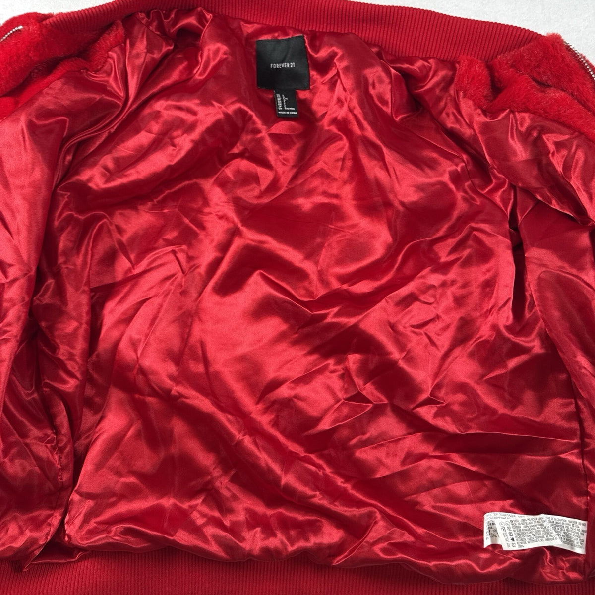 Forever 21 Faux Fur Bomber Jacket Full Zip Women's Red - Size L Pre Owned