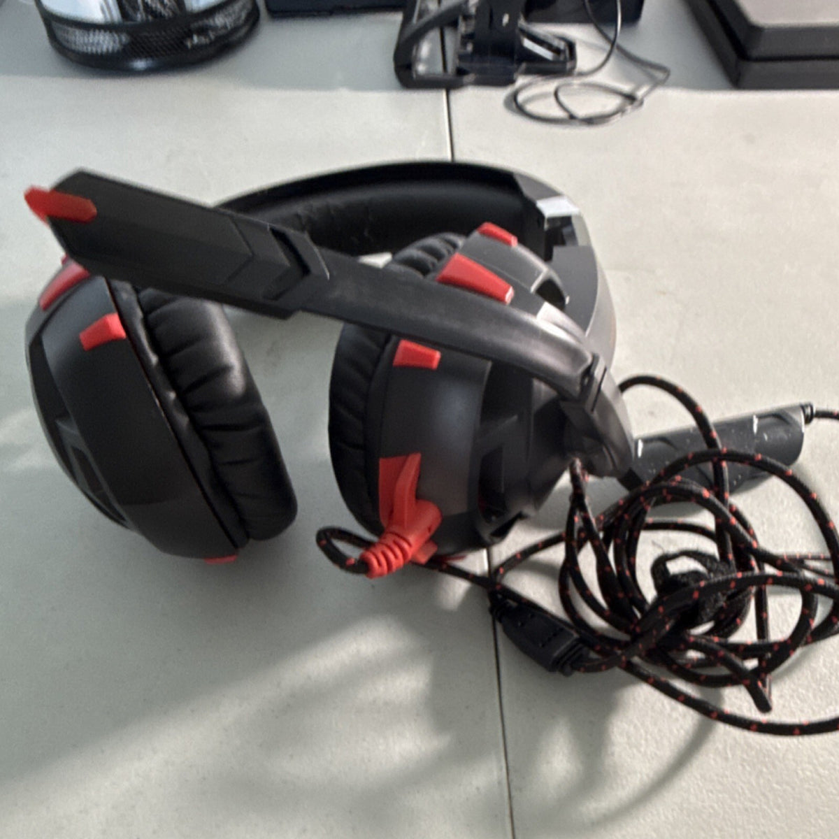 Lot of 2 K2 Wired Gaming Headsets Black Red 3.5mm USB Boom Mic Adjustable
