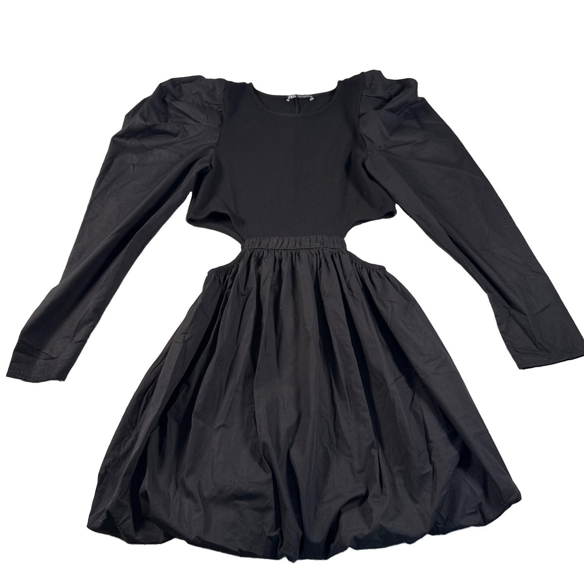 Zara Black Mini Dress Bubble Hem Puff Balloon Sleeves, Cut Out Sides Size Large