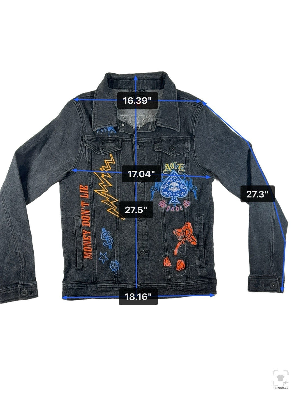 Black Pike Men Painted Graffiti, Embroidered Denim Jacket Black Size-S Pre Owned