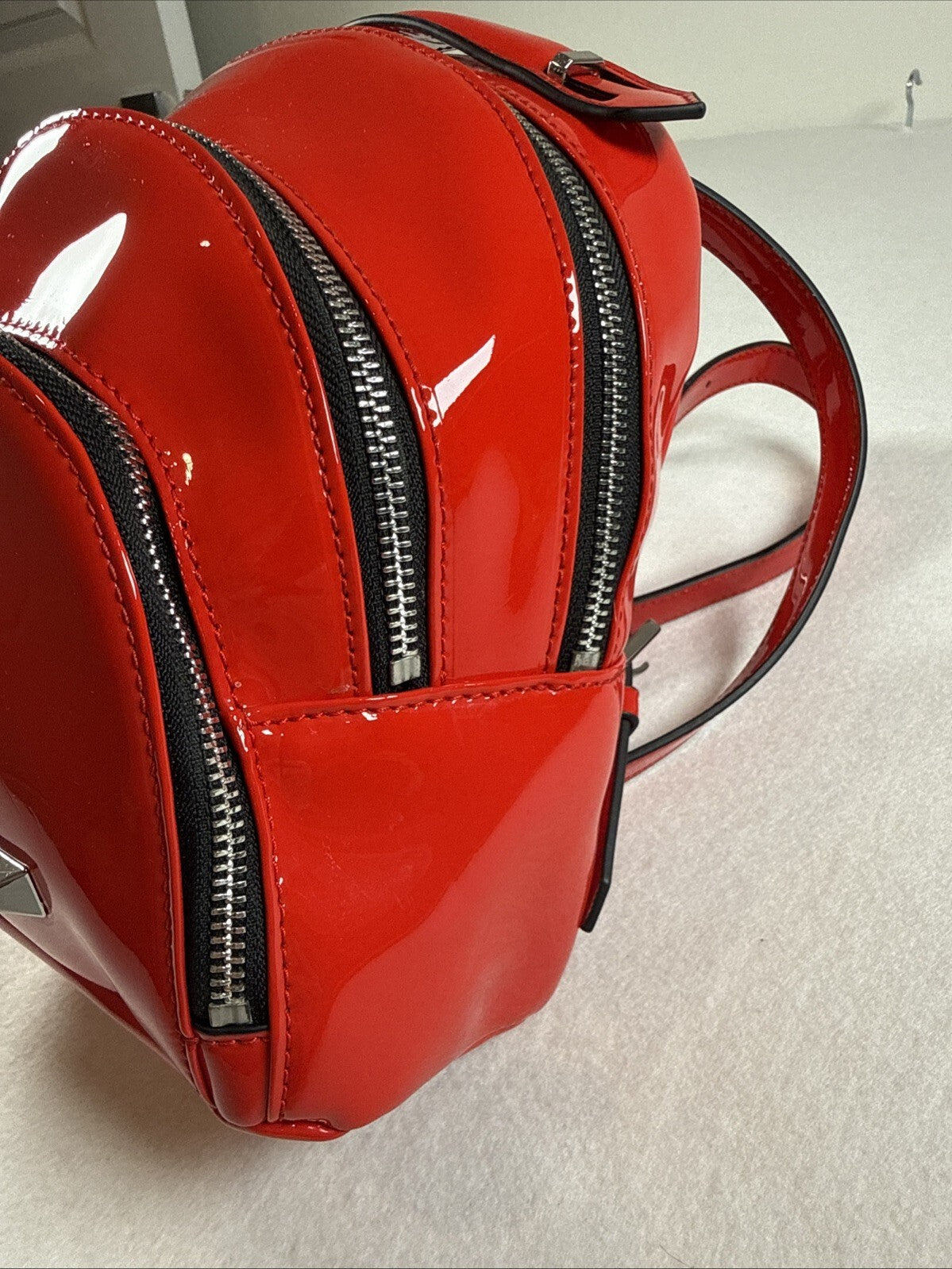 KENDALL + KYLIE Red Glossy Mini Backpack Zip Closure Silver Hardware Pre Owned