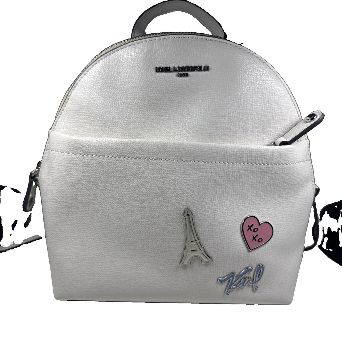 Karl Lagerfeld Paris Maybelle Backpack Bright White With Pins Of Eiffel Tow New