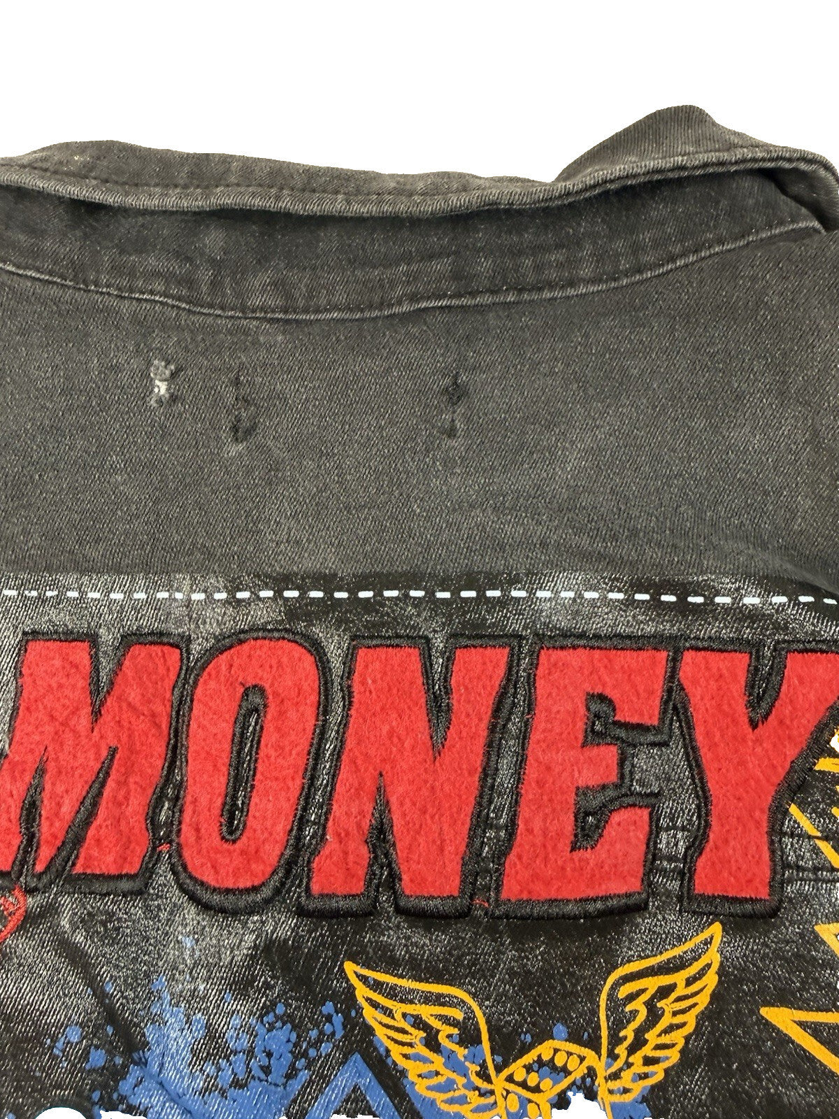 Black Pike Men Painted Graffiti, Embroidered Denim Jacket Black Size-S Pre Owned