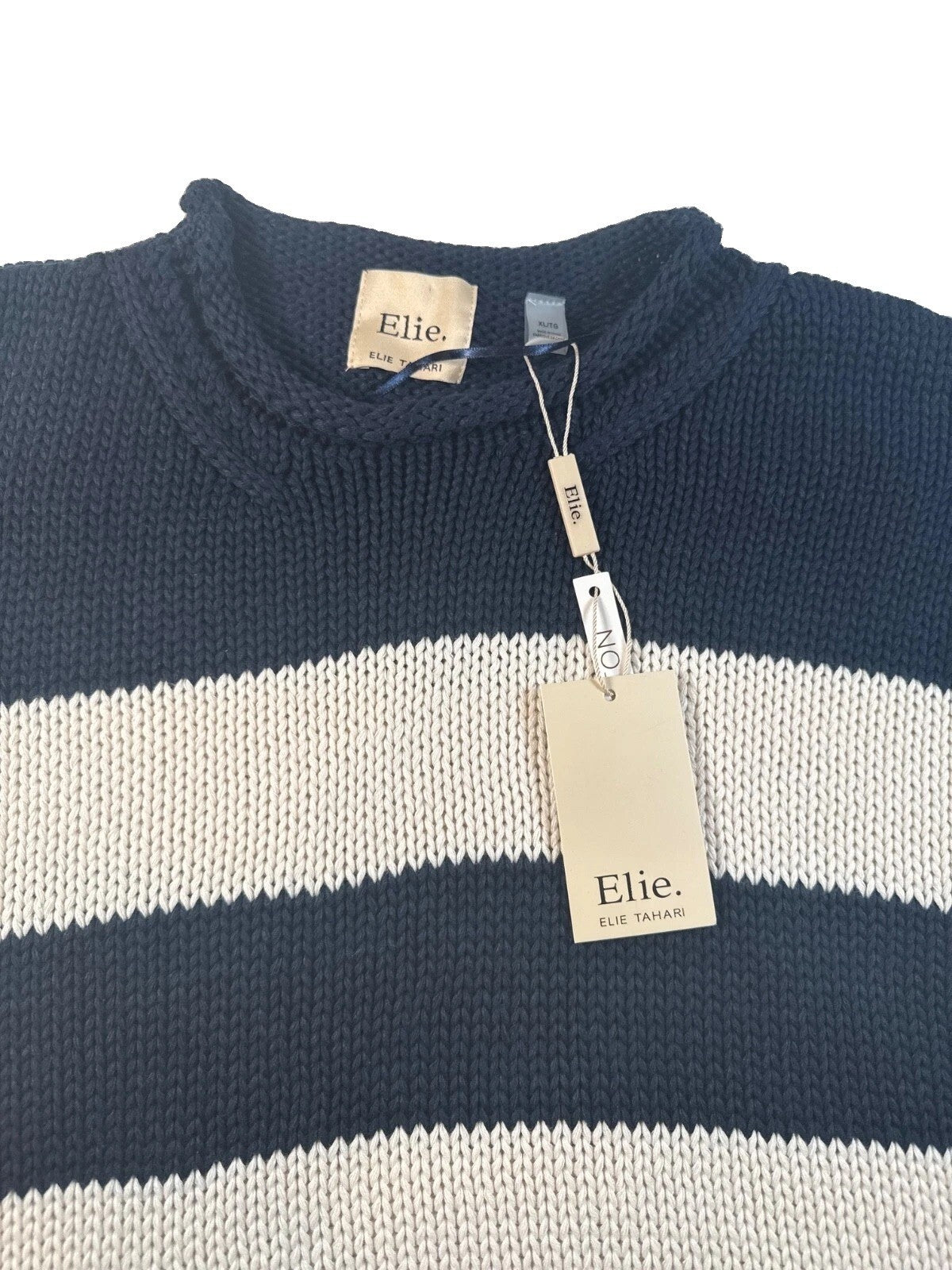 Elie Tahari Women Blue With White Striped Cotton Knit Sweater XL/TG New With Tag