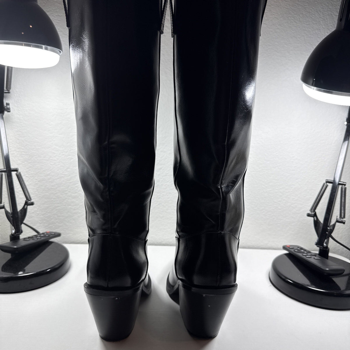Zara Knee High Black Leather Cowboy Boots Classic Size 10 Pre Owned