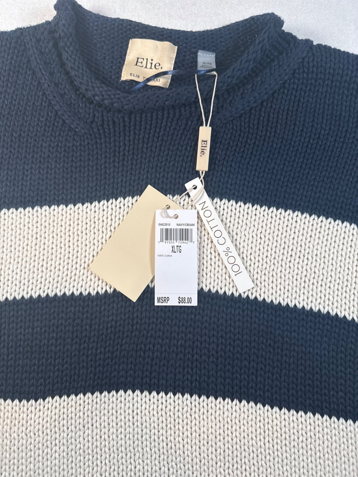 Elie Tahari Women Blue With White Striped Cotton Knit Sweater XL/TG New With Tag