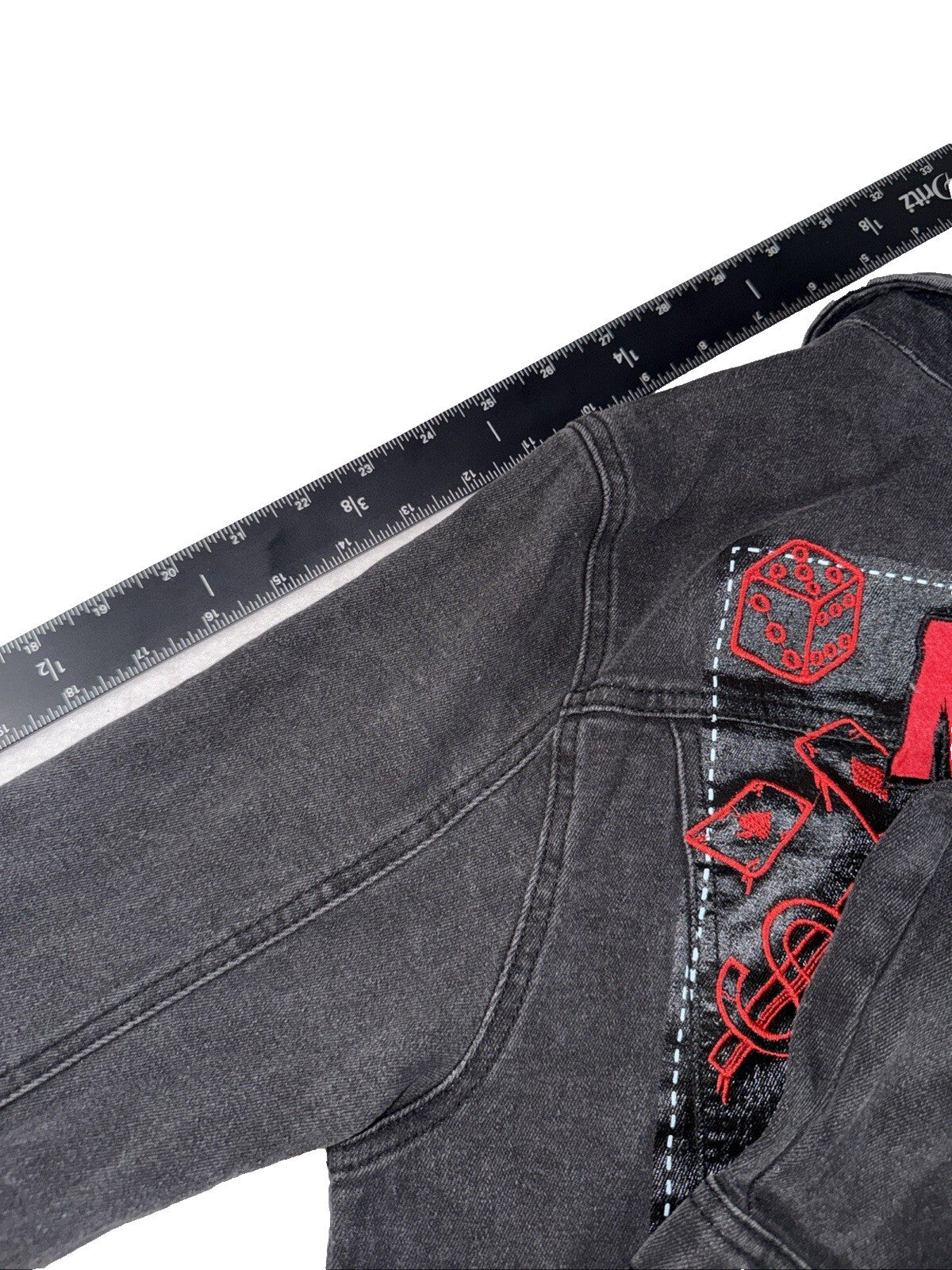 Black Pike Men Painted Graffiti, Embroidered Denim Jacket Black Size-S Pre Owned