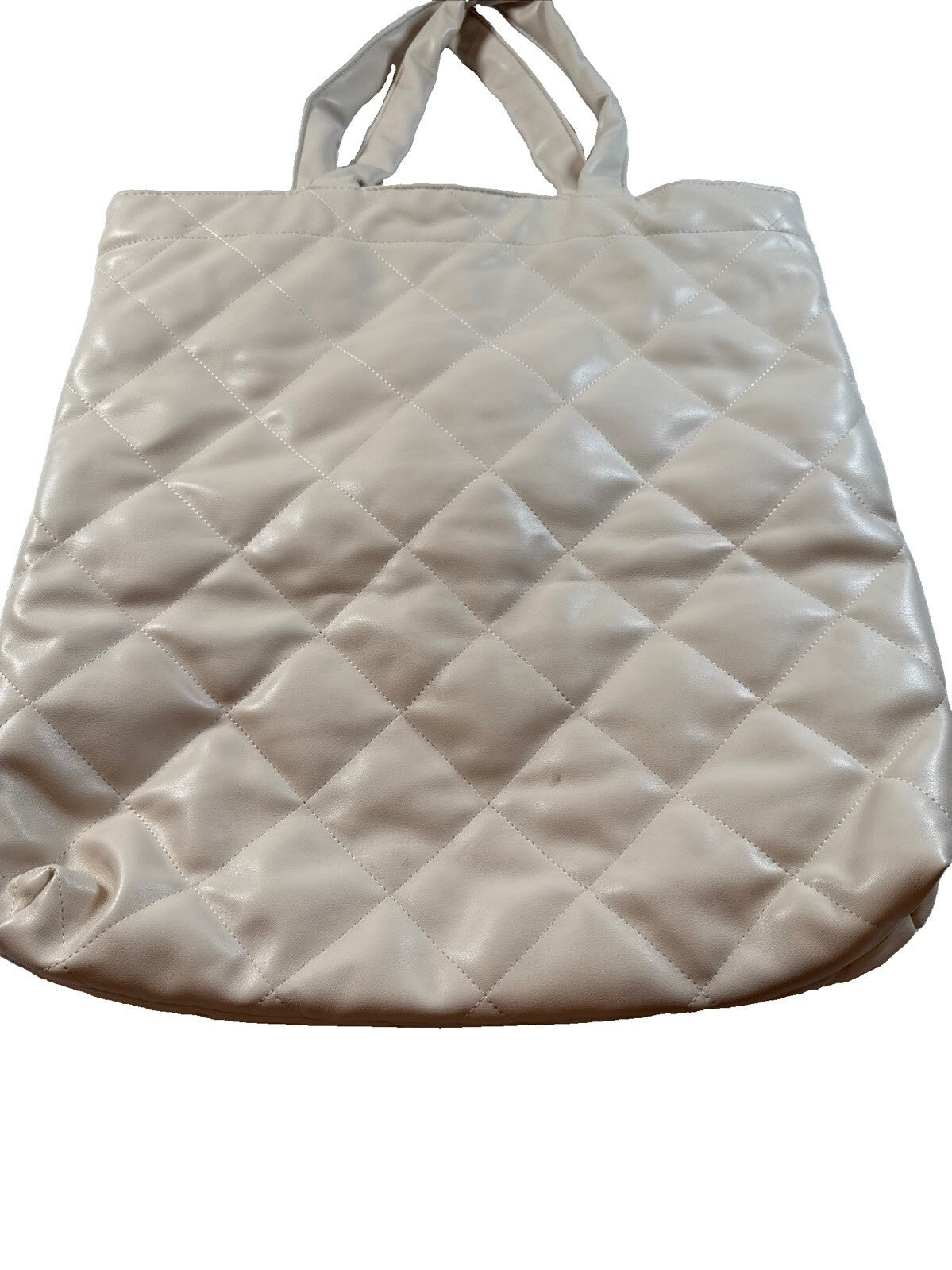 Stradivarius Tote Quilted Diamond Pattern Faux Leather Handbag Ivory Pre Owned