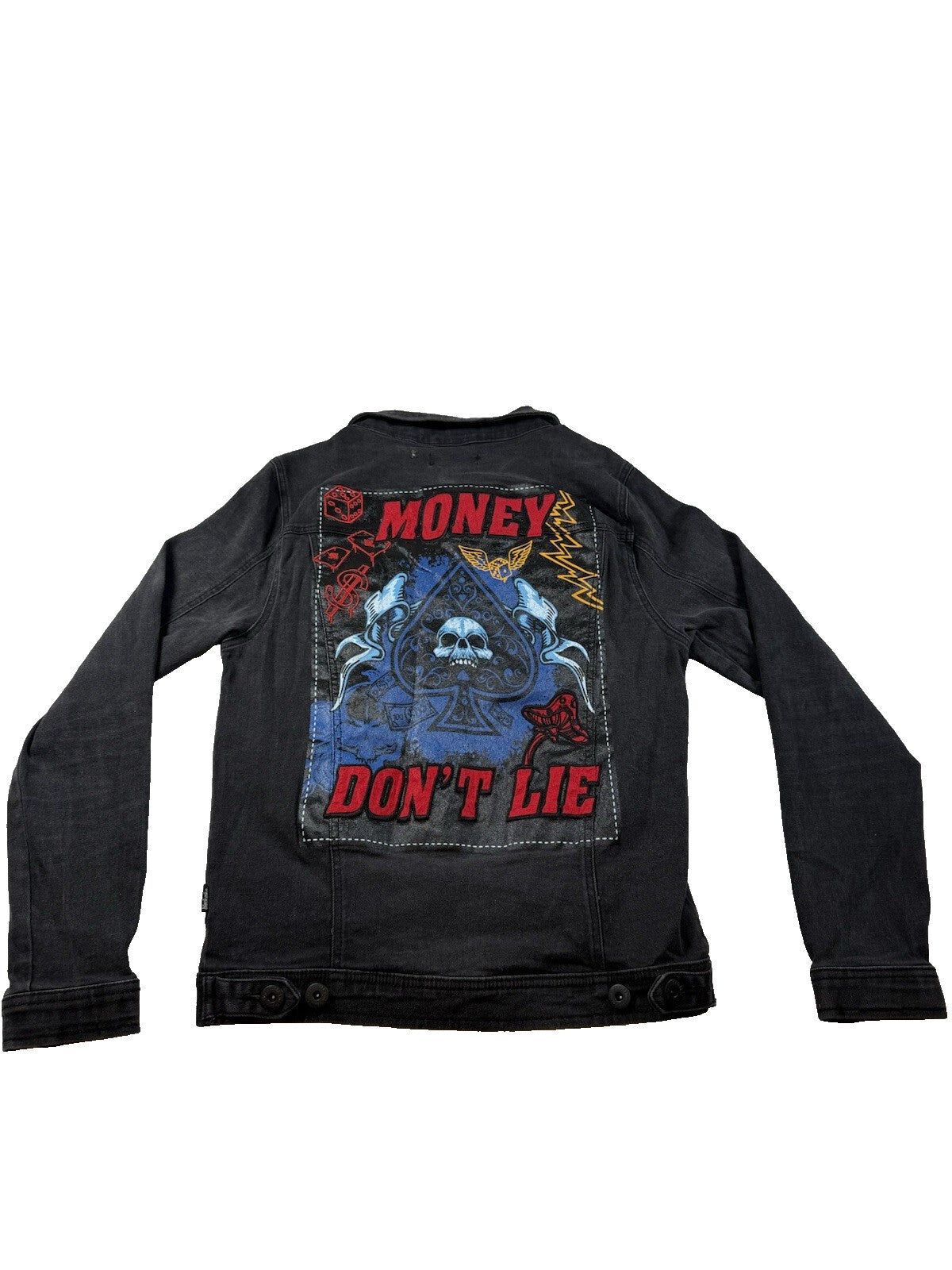 Black Pike Men Painted Graffiti, Embroidered Denim Jacket Black Size-S Pre Owned