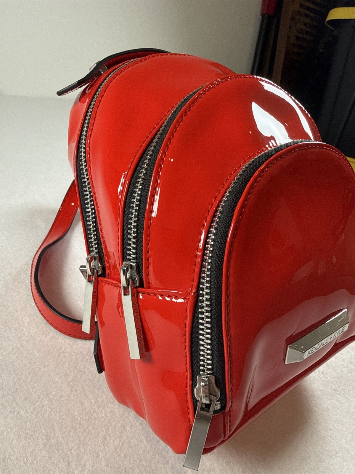 KENDALL + KYLIE Red Glossy Mini Backpack Zip Closure Silver Hardware Pre Owned