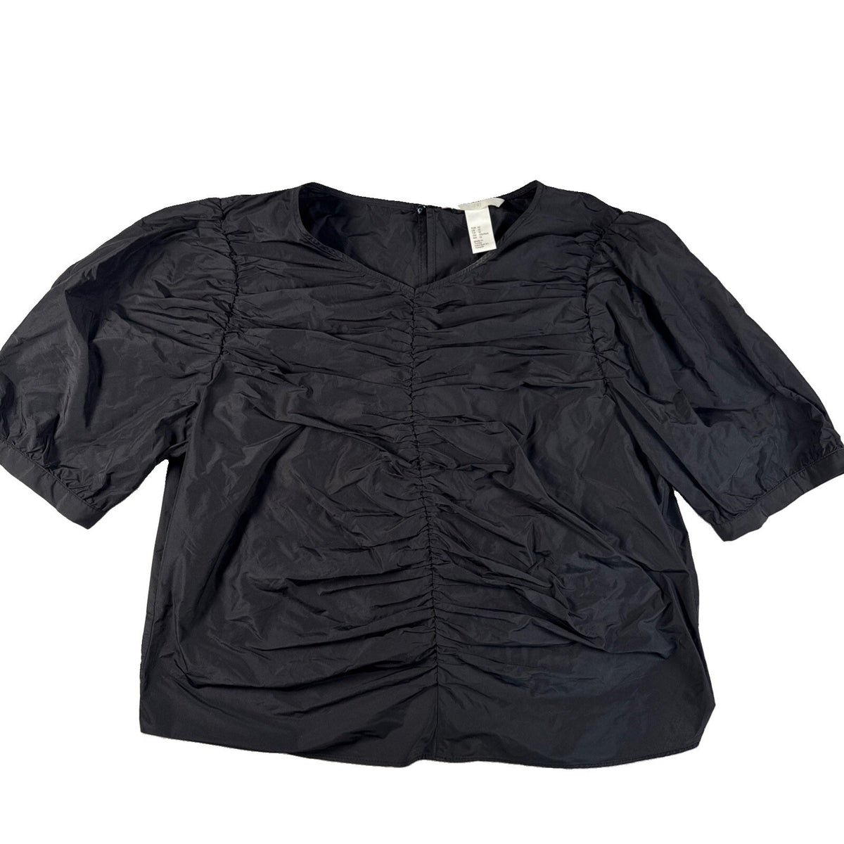 H&M Black Ruched Puff Sleeve Blouse Women's Size 12 Pre Owned