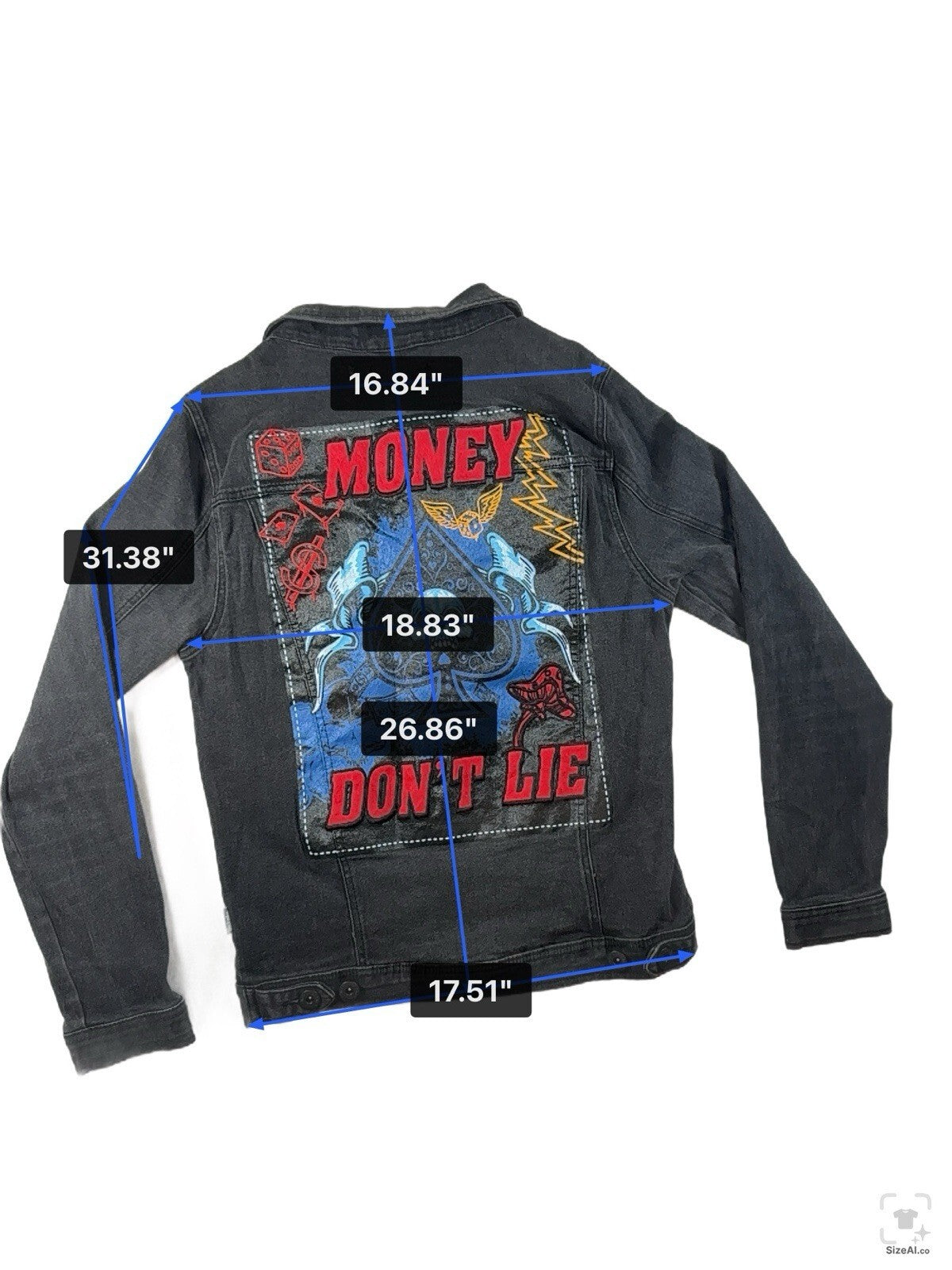 Black Pike Men Painted Graffiti, Embroidered Denim Jacket Black Size-S Pre Owned