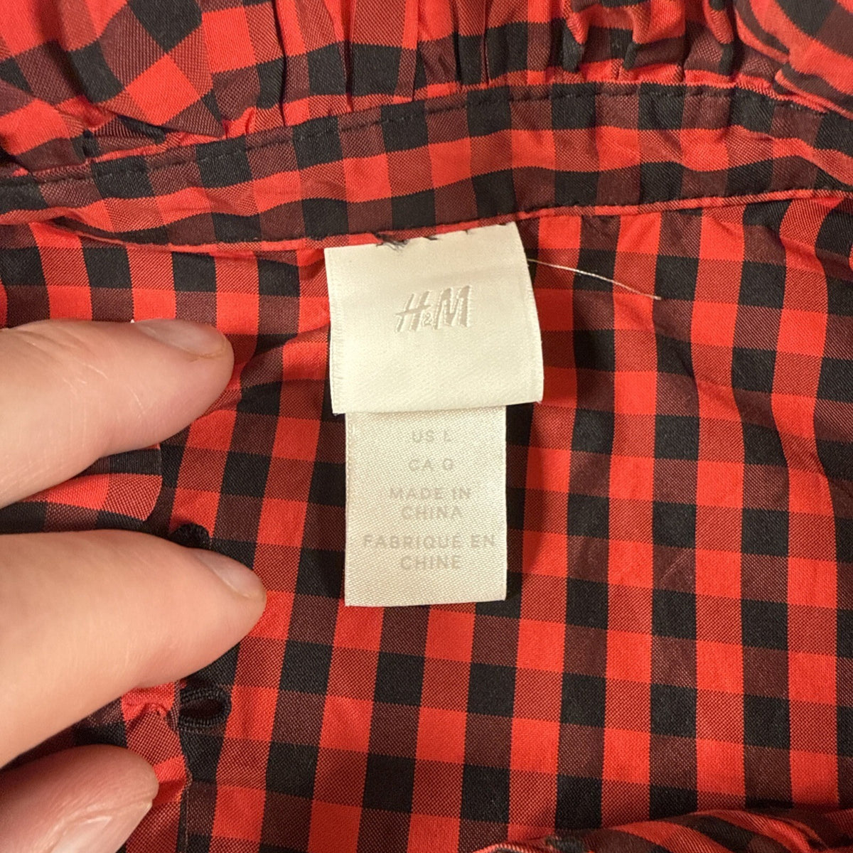H&M Black & Red Gingham Button Front Ruffle Neck Dress Size Large Pre Owned