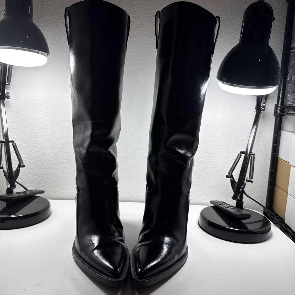 Zara Knee High Black Leather Cowboy Boots Classic Size 10 Pre Owned