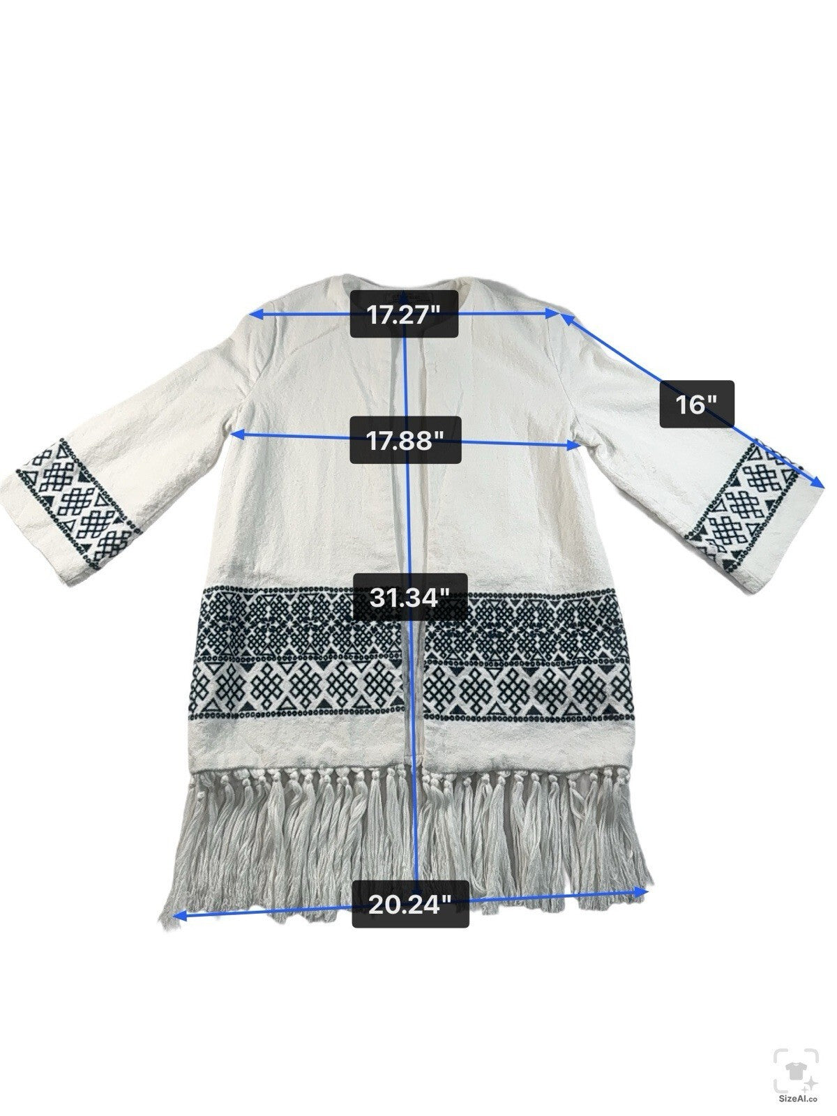 Zara Aztec Embroidered Fringe Jacket in Optic White Sz M Pre Owned