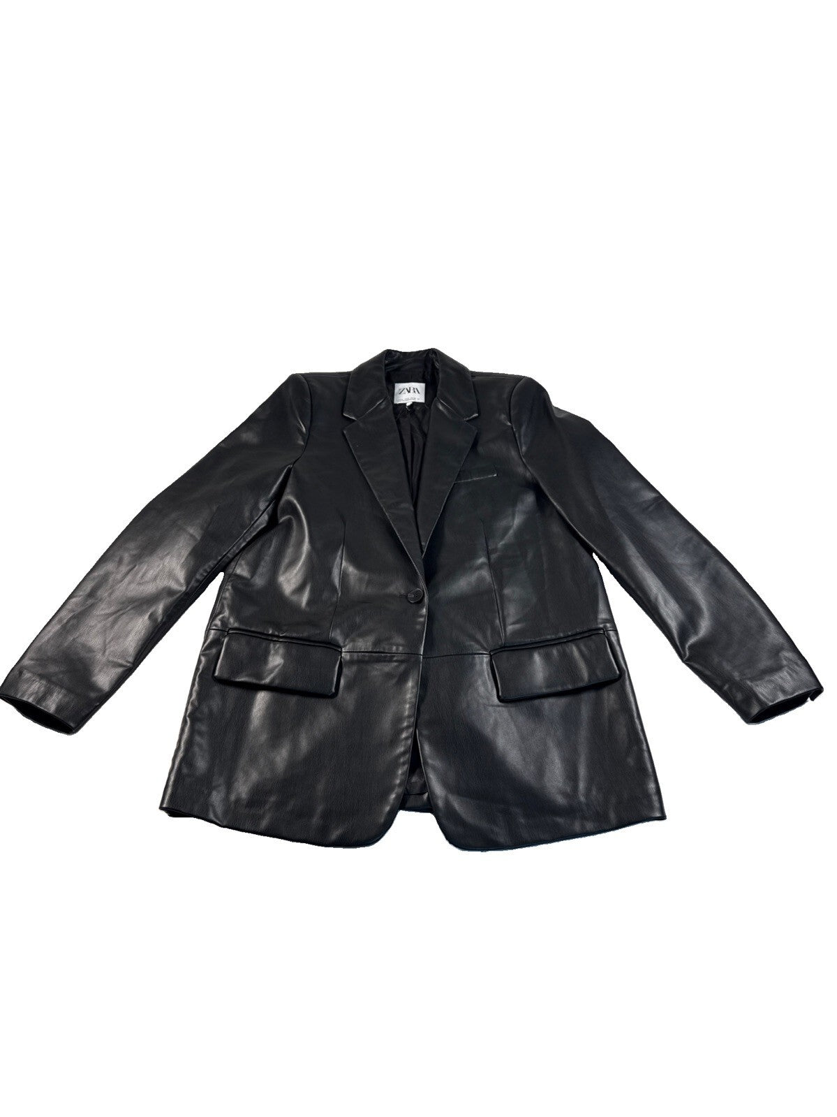 Zara Black Faux Soft Leather One Button 2 Pocket Blazer Size M New With Tags