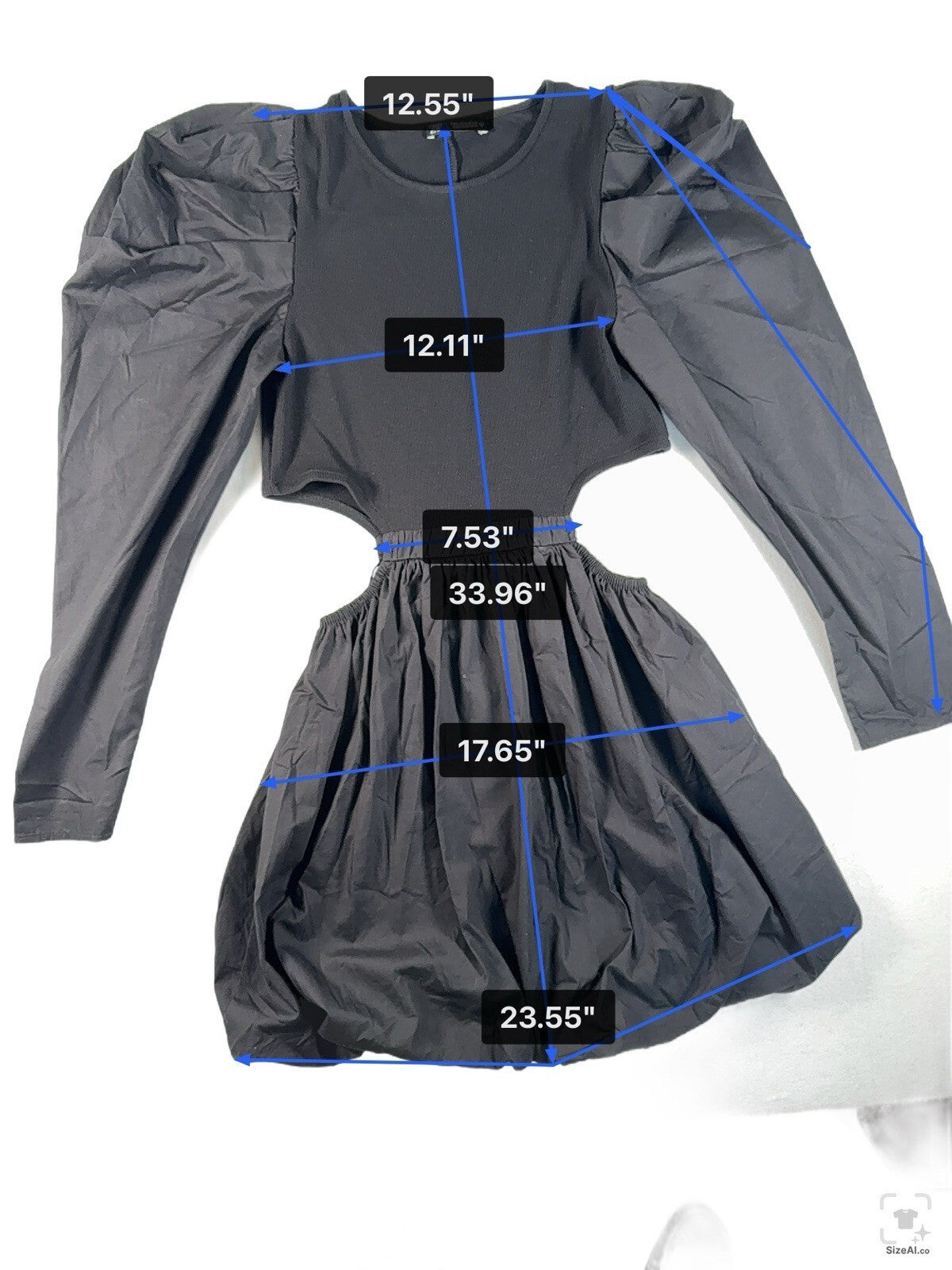 Zara Black Mini Dress Bubble Hem Puff Balloon Sleeves, Cut Out Sides Size Large