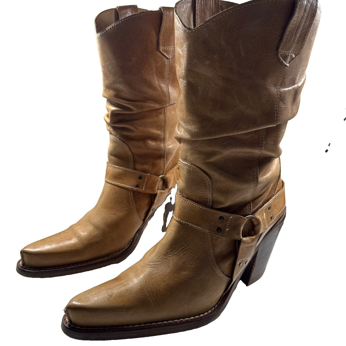 DESTROY Women Vintage Western Slouch Boots Tan Leather S- 41 Spain Pre Owned