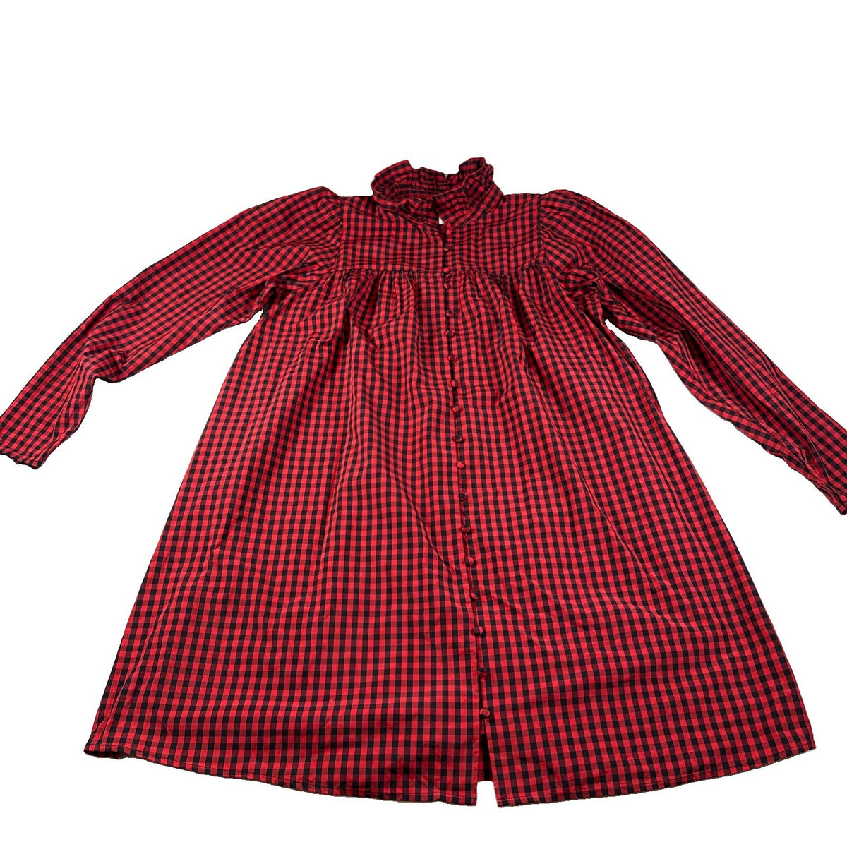H&M Black & Red Gingham Button Front Ruffle Neck Dress Size Large Pre Owned