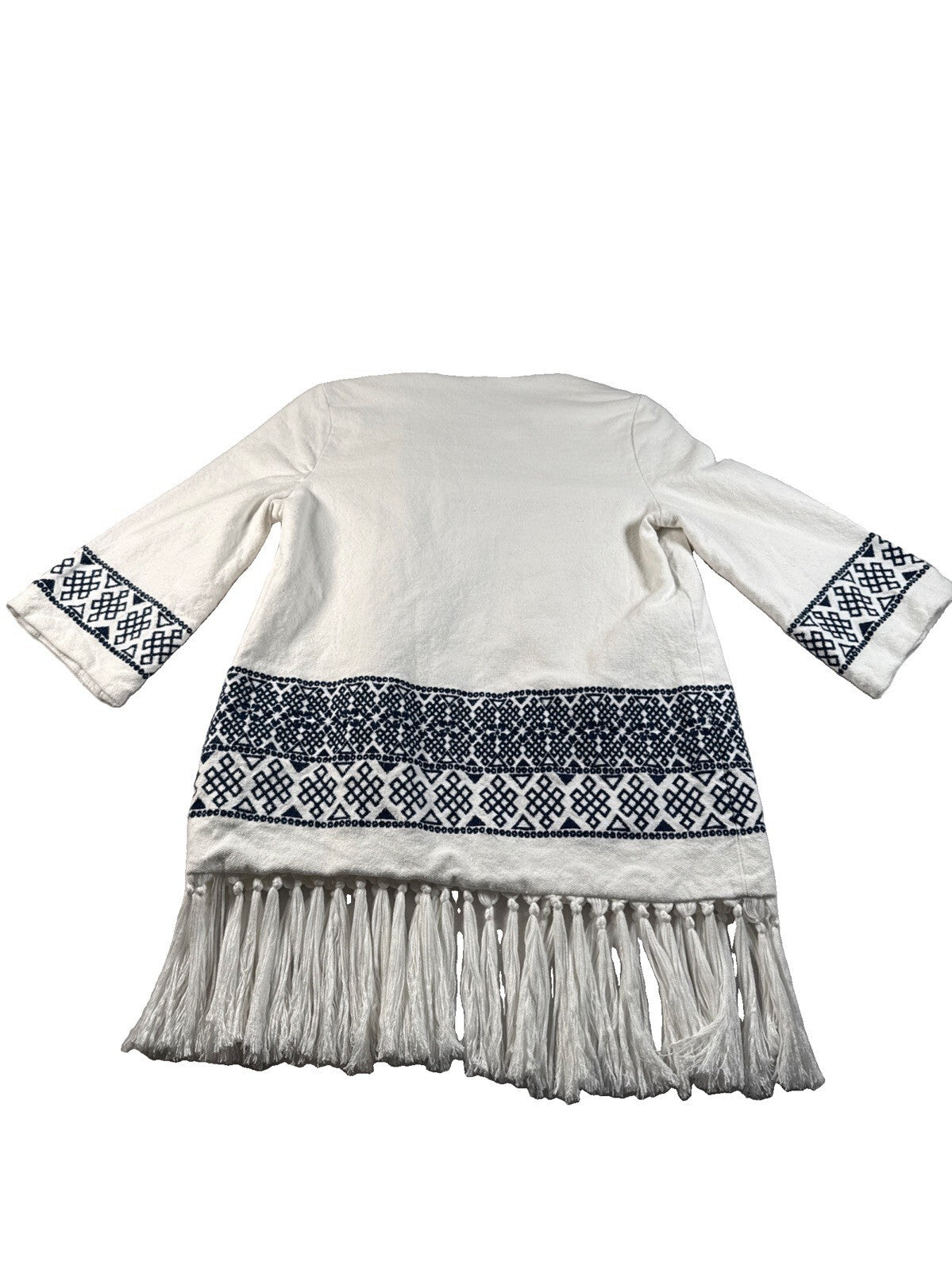 Zara Aztec Embroidered Fringe Jacket in Optic White Sz M Pre Owned