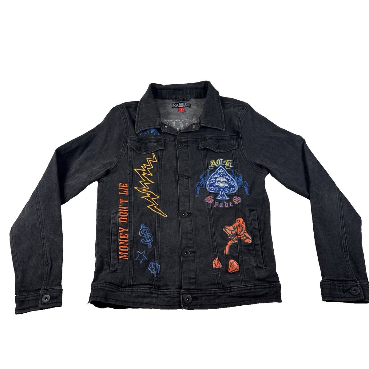 Black Pike Men Painted Graffiti, Embroidered Denim Jacket Black Size-S Pre Owned