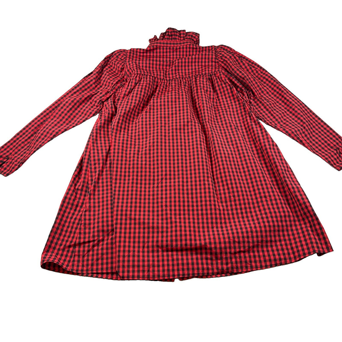H&M Black & Red Gingham Button Front Ruffle Neck Dress Size Large Pre Owned