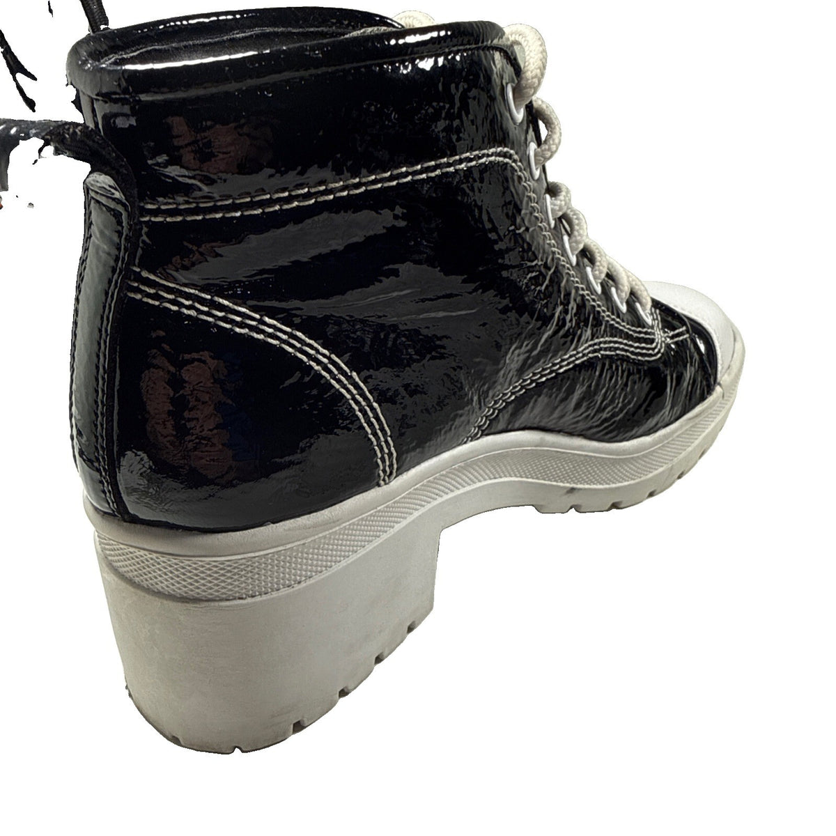 Womens Black Ankle Boots Size 8M Patent Leather Lace up Pre Owned