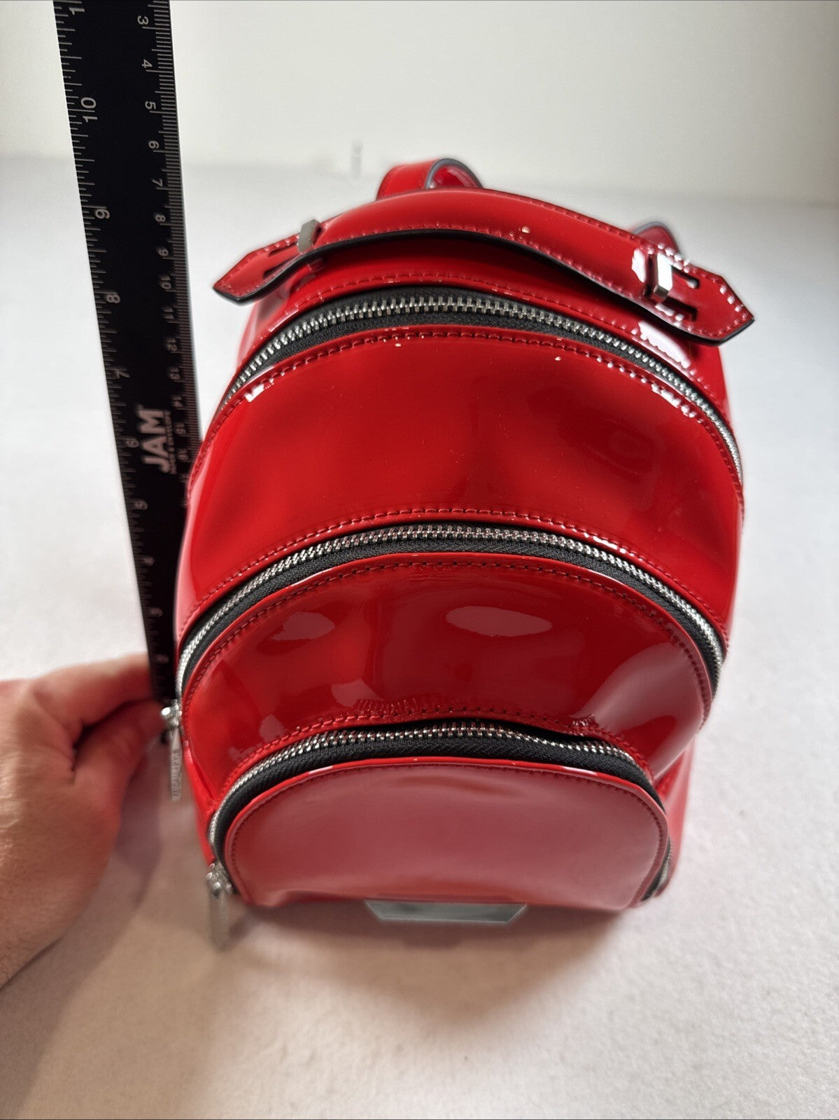 KENDALL + KYLIE Red Glossy Mini Backpack Zip Closure Silver Hardware Pre Owned