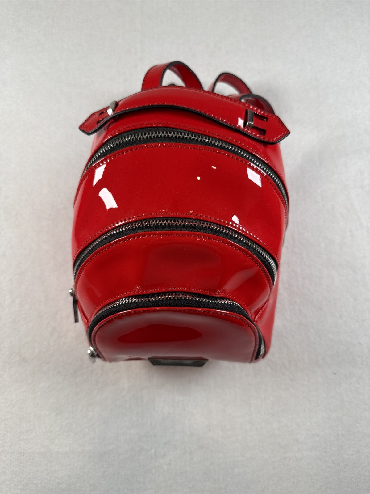 KENDALL + KYLIE Red Glossy Mini Backpack Zip Closure Silver Hardware Pre Owned